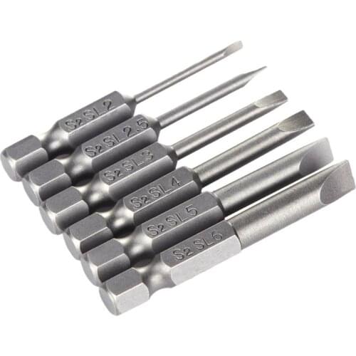 6pcs 50mm Slotted Screwdriver Bits Set 2mm-6mm S2 Alloy Steel Magnetic Flat Head Slotted Tip Nozzles for Screwdrivers Bit Set