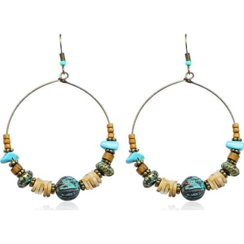 Antique Stone Natural Stone Wooden Beads Round Earrings Color Hanging Beads National Earrings Bohemian Exquisite Fashion Jewelry