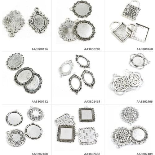 Antique Silver Tone Jewelry Charms Sunflower Cabochon Frame Setting Square Base Blank Round Oval Pendant Necklace Making Craft