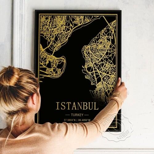Istanbul Black Golden Image Line Art Prints, Turkey Istanbul Map Poster, Nordic Art Geography Location Education Wall Home Decor