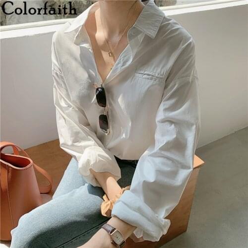 Colorfaith New 2021 Spring Summer Blouses Shirts Vintage Oversize Buttons Korean Style Office Lady Fashionable Wild Tops BL8776