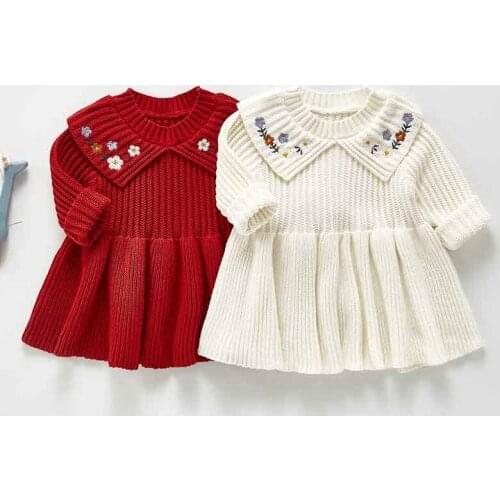 Spring and Autumn Baby Girl Warm Knit Dress Baby Princess Dress Embroidered Knit Dweater Dress