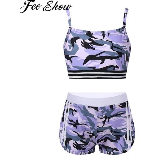 Kids Girls Tankini Swimsuit Running Sweatsuit Set Sleeveless Sports Gymnastics Outfit Yoga Crop Top with Shorts Suit for Fitness