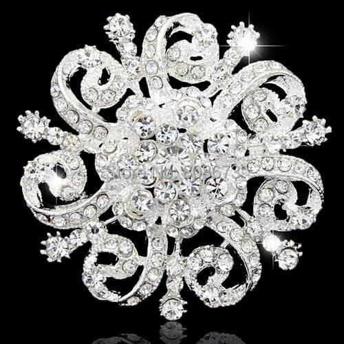 Factory Cheap Retail Bright Clear Crystal Silver Alloy Flower Brooch Top Quality Wedding Bouquet Brooches