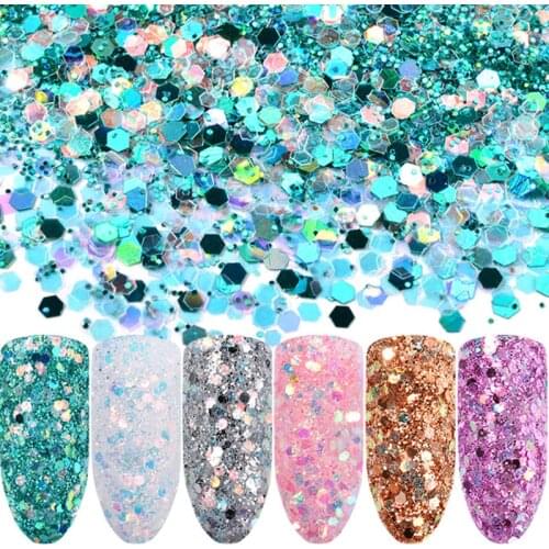 6 Colors/Set MIXED SIZE Nail Glitter Powder Dust Rhinestone Crystal Laser Paillettes Sequins Gel Nail Polish 3D Nail Art DIY