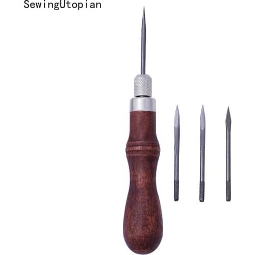 Leather Tools 4 In 1 Sewing Awl Needles DIY Wood Handle Leather Stitching Awl Sewing Scratch Awl Canvas Leathercraft