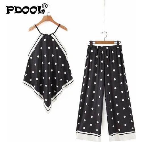 2021 Womens Summer Fashion Leaky Shoulder Sling Polka Dot Loose Wide Leg Pants Set High Elastic Waist Women Ankle for Holiday