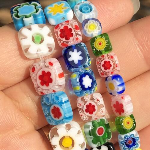 Square Millefiori Flower Patterns Stripe Lampwork Glass Beads Loose Spacer Beads for Jewelry Making DIY Bracelet Accessories