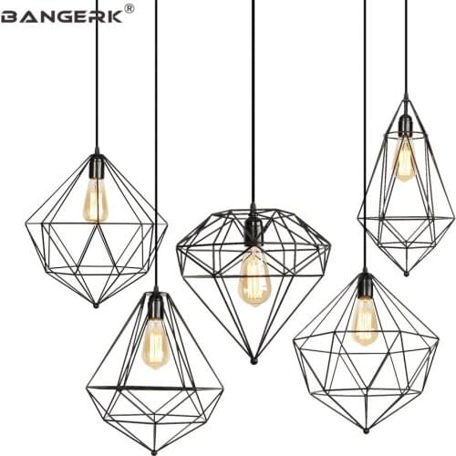 Loft Industrial Vintage Pendant Light LED Edison Black Iron Geometry Diamond Home Hanging Lamp For Dining Room Bar Lighting