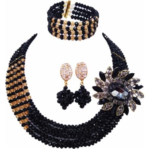 Fashion Black Champagne Gold Multi Strands Statement Necklace Nigerian Wedding African Beads Jewelry Set Crystal 5JZ07