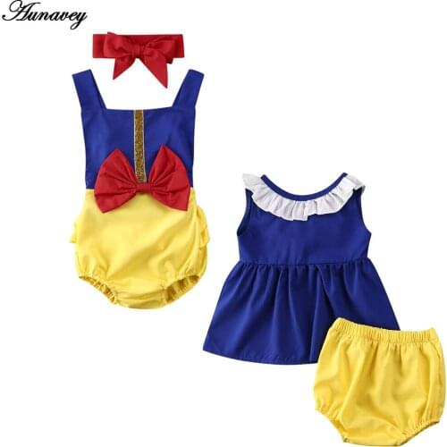 NEW 2020 Snow White Baby Girls Clothes Bowknot Romper Tops Dress Shorts Outfit Summer 2pc Clothing Set