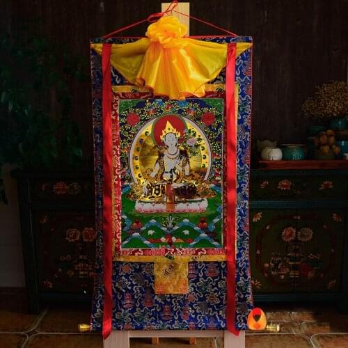 Wholesale Buddhist supplies-87CM Buddhism HOME WALL Decor ART silk holy White Tara Buddha altar Thang-ga Thangka Buddha painting