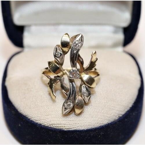 OLD ORIGINAL VINTAGE RUSSIAN 14K GOLD NATURAL DIAMOND DECORATED PRETTY RING