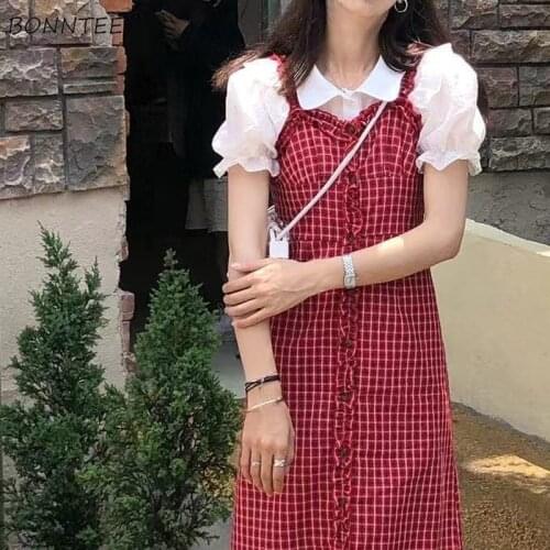 Dresses Women New Summer Red Plaid Sweet Midi Breathed Empire BF Single Breasted Casual College Vestido Feminino Classic Korean