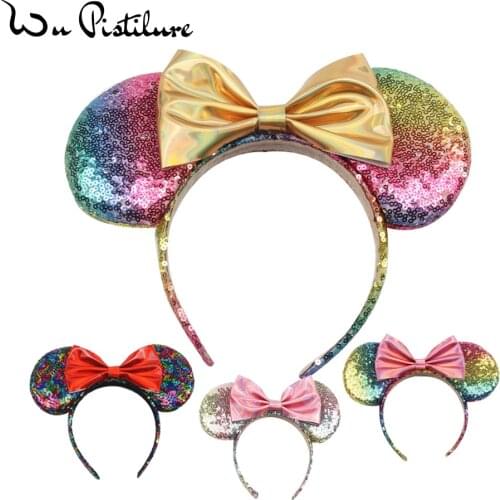 1PC New Rainbow Sequins Headband Headwear PU Bow Minnie Glitter Ears Hairband Kids Girl Women Headband DIY Hair Accessories