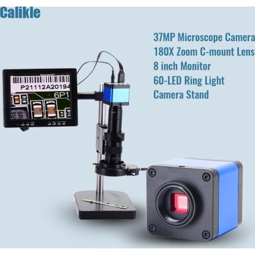37MP HDMI USB Industrial Electronic Digital Microscope Camera 180X C-mount Zoom Lens 60 LED 8"LCD Screen PCB Repair Inspection