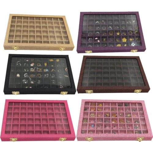 Ring Holder Box 54 Grids Clear Glass Lid Showcase 40 Slots Jewelry Organizer Jewelry Box for Earrings Necklaces Bracelets