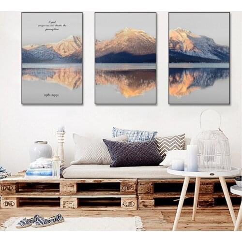 Modern Canvas Painting Poster and Print Landscape Print Golden Gray Mountains Shadow In The Lake for Home Rooms Gallery Decorati