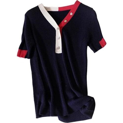 2021 Summer V-Neck T Shirt Women Tshirt Contrast Color Knitted Button Top T-Shirt Woman Clothes Tee Shirt Femme Camisetas Mujer