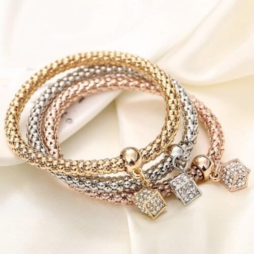 Hesiod women popcorn chain square crystal charm bracelet bangles multi-layer stretch bracelet for wedding