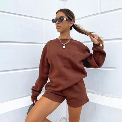 SEASONS Letter Print Women 2 Piece Set Long Sleeve Sweatshirt Sweatshorts Loose Casual Tracksuit Loungewear Autumn ASSU82384