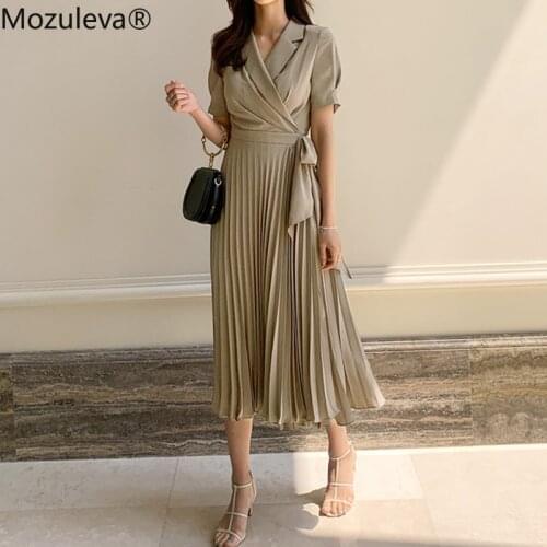 Mozuleva 2020 Summer Vintage Short Sleeve Pleated Women Dress Office Wear Lace Up Midi Female Dress High Waist Vestidos femme