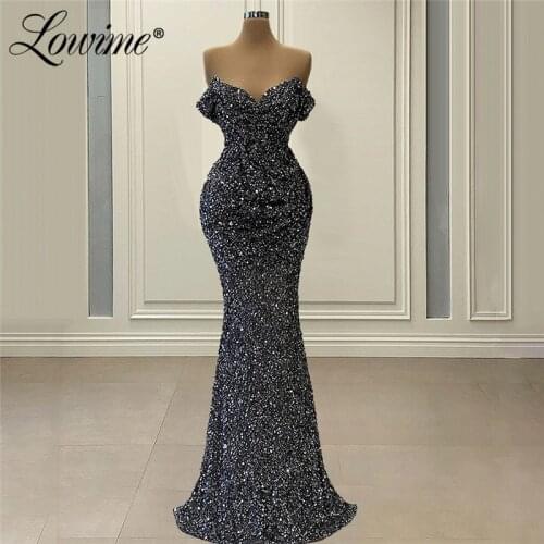 Black Middle East Women Sequins Evening Dresses Mermaid Long Prom Dresses 2020 Robe De Soiree Dubai Formal Arabic Party Dress