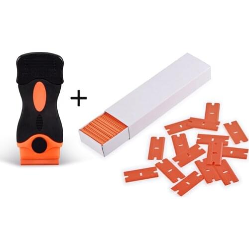 100PCS Plastic Blade+Black Orange Razor Scraper Glass Dirt Cleaning Squeegee Stickers Remover Car Cleaning Sticker Remover Tools