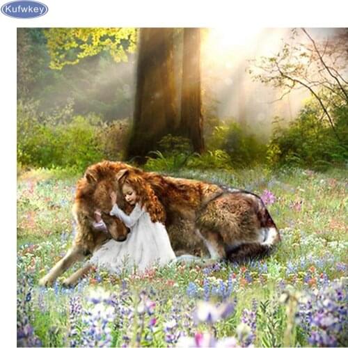 5D Diamond Painting Cross Stitch Needlework Mosaic Resin Full Picture wolf and girl,forest,Diamond painting Decor Crafts