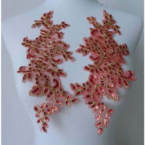 5 Pairs 24*10cm Embroidered Lace Applique With Sequins Lace Trim For DIY Wedding Dress Red Color