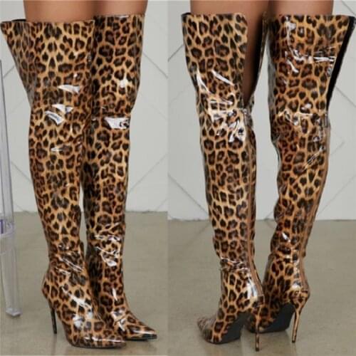 ASHIOFU Handmade Classic Ladies Stiletto Heel Boots Patent Leopard Leather Club Thigh High Boots Pointy Evening Fashion Boots