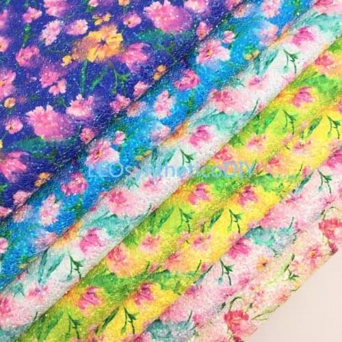 LEOsyntheticoDIY Pink Flowers Printed Chunky Glitter Vinyl Fabric Sheet Felt Backing Synthetic Leather Faux Vinil A4 SIZE R06B