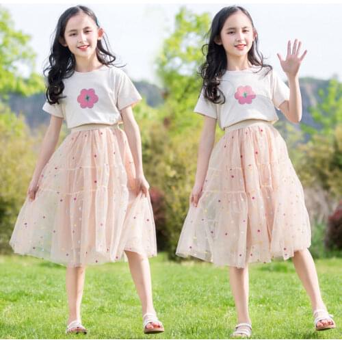 110-170cm Big Girl Clothes Children Classic O-Neck Sweet Flower/ Bow Tops& Mesh Skirt Clothing Sets Child Summer Sets For Girl