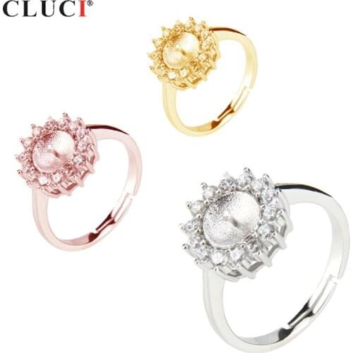 CLUCI Silver 925 Adjustable Flower Women Ring Jewelry Sterling Silver Sunflower Shaped Pearl Ring Mounting SR2018SB