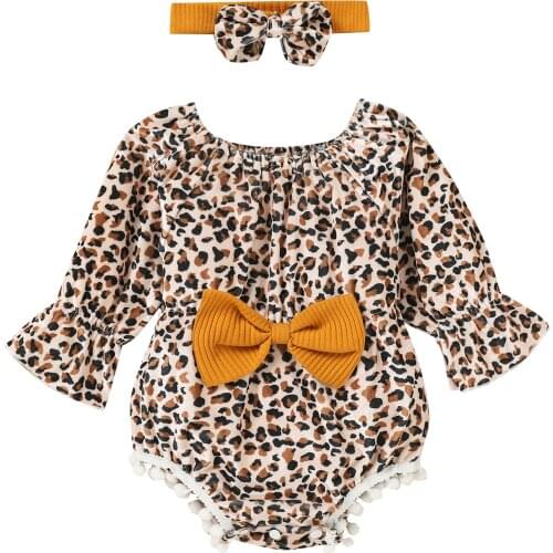 Infant Long Sleeve Romper + Bow Headband, Leopard Print Ruffle Decoration Spring Clothing