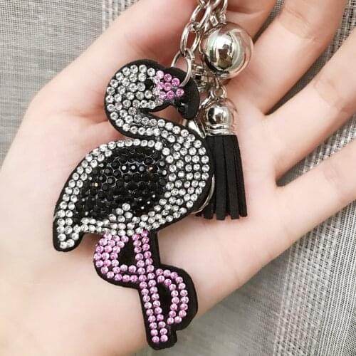 Flamingo Leather Rhinestone Keychain Crystal Tassel Chain Key Ring Women Holder Car Bag Romantic Animal Pendant Jewelry