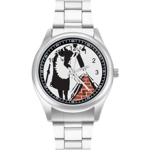 Banksy Quartz Watch Wideband Funny Wrist Watch Steel Boys Sports Photo Wristwatch