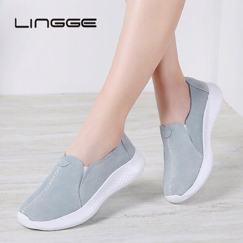 LINGGE New Women Flats Loafers Shoes Cow Suede Leather Sneakers Slip On Soft Comfortable Breathable Sport Shoes Big Size 35-43