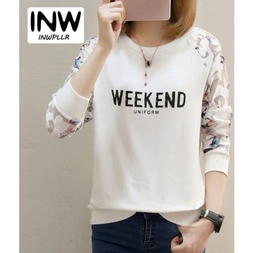 Fashion Autumn T-shirt Women Tshirt Lace Long Sleeve Tops Letter Print T-shirt Casual White Tshirts Camiseta Mujer Moda 2019