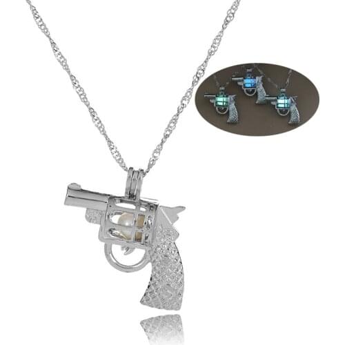 New Glow in the Dark necklace luminous Hollow Gun shaped pearl cage pendant necklaces For women s Fashion Jewelry