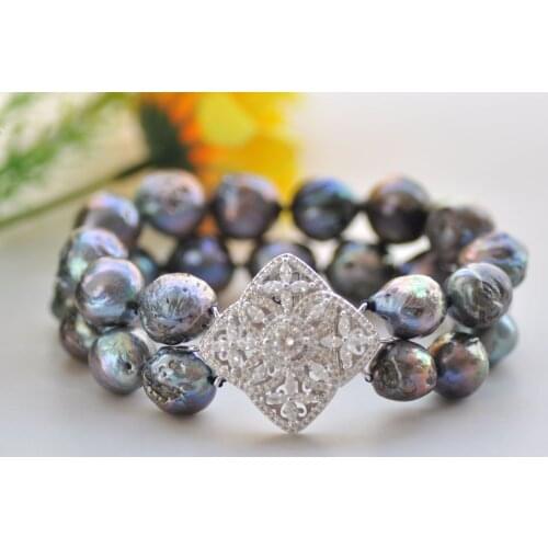 P7528 2Row 14mm Almost-Round Peacock-Black Edison Keshi Pearl Bracelet CZ Button women