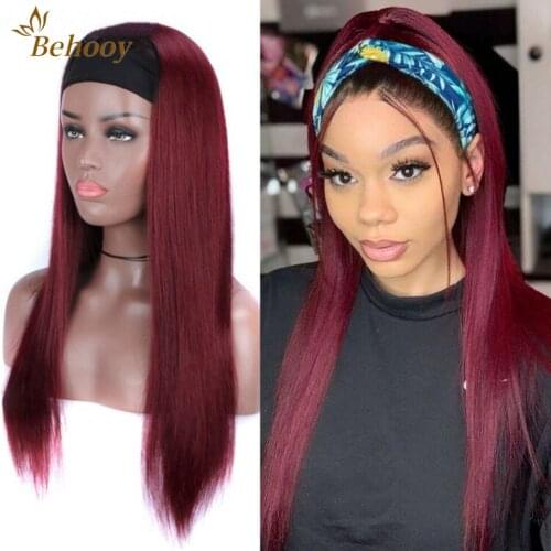 26inch 99J Color Headband Wig For Women Synthetic Hair Wigs Long Straight Glueless Wig Ombre Wine Red Wigs