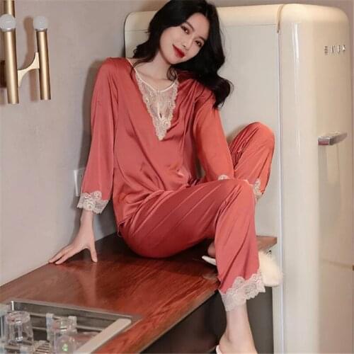 Lace sexy pajamas ladies spring and autumn long-sleeved suit V-neck Korean loose noble home service new 2020 kimono pijamas