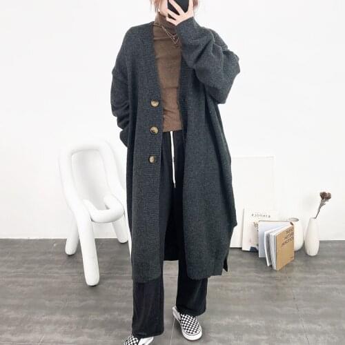 [ZAYAU]Wool Blend Soft and Comfortable Lazy Literary Dark Gray Button Long Sleeve Cardigan Sweater Coat 2021