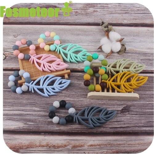 Fosmeteor Silicone Leaf Pendant Bracelet 15MM Round Silicone Beads Infant Baby Teething Bracelet Molar for Newborn Chew Feeding