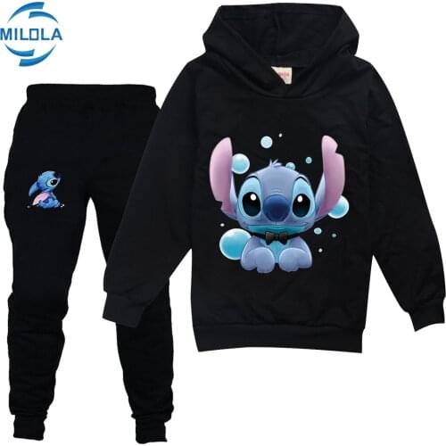 Disney Stitch Sportswear Outfits Cartoon Boys Girls 2-piece Printed Hoodie + Pants Sportswear Suit Set Kids Halloween Clothes