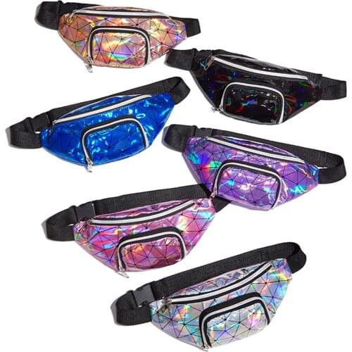 Men Women Geometric Diamond Plaid Waist Bag Double Pocket Large Capacity Laser Sports Outdoor Chest Pack Zipper Messenger Bag