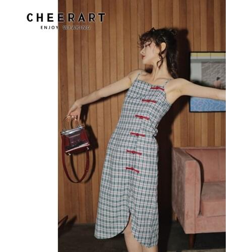 CHEERART Plaid Vintage Dress Summer Cheongsam Frog Knee Legnth Ladies Spaghetti Strap Dress For Women Split Dress