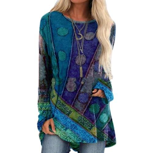 Retro Women Autumn Long Sleeve Ethnic Print Patchwork Loose T-shirt shirts Top t-shirt oversize t-shirts for women 2020