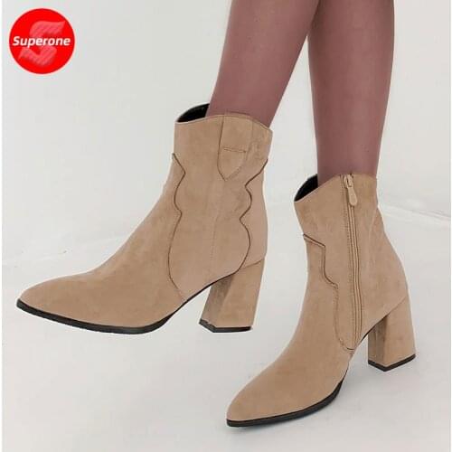Superone Plus Size 32-43 Zipper Woman Fashion Office Ankle Boots Square Toe Simple Outdoor Winter Autumn Short Boots Footwear